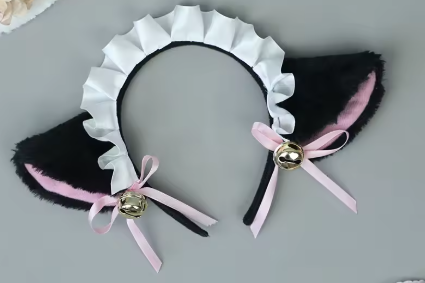 Maid Black Cat Ear Headband with White Ribbon