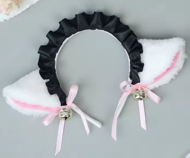 Maid White Cat Ear Headband with Black Ribbon