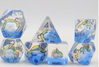 Each die has a tiny rainbow and clouds inside! Pictured are a D4, D6, D8, D10, D12. D20 and Percentile die.