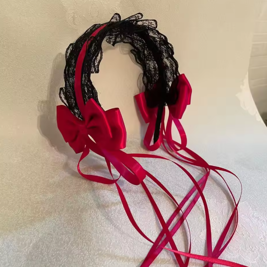 Lace Bow Headband Red Ribbon