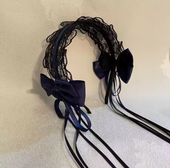 Lace Bow Headband Black Ribbon