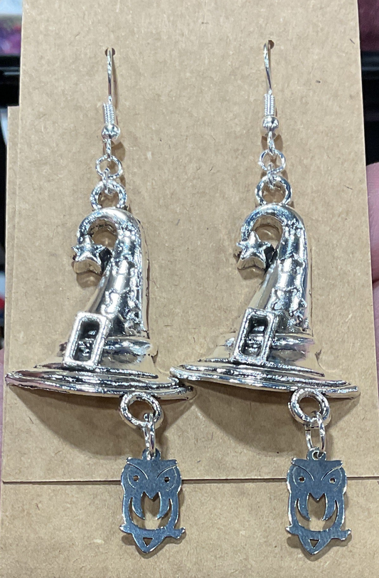 Silver Witch's Hat with Familiar Earrings