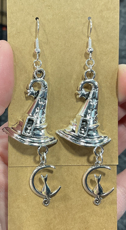 Silver Witch's Hat with Familiar Earrings