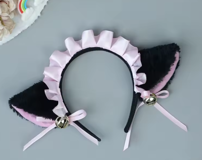Maid Headband with Cat Ears, Ribbons, and Bells