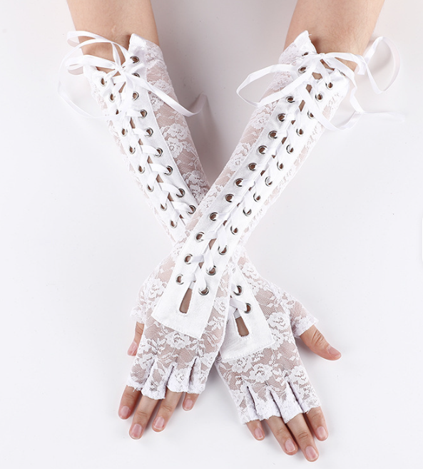 Elbow Length Lace Up Half Finger Lace Gloves