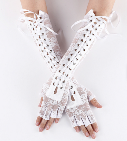 Elbow Length Lace Up Half Finger Lace Gloves